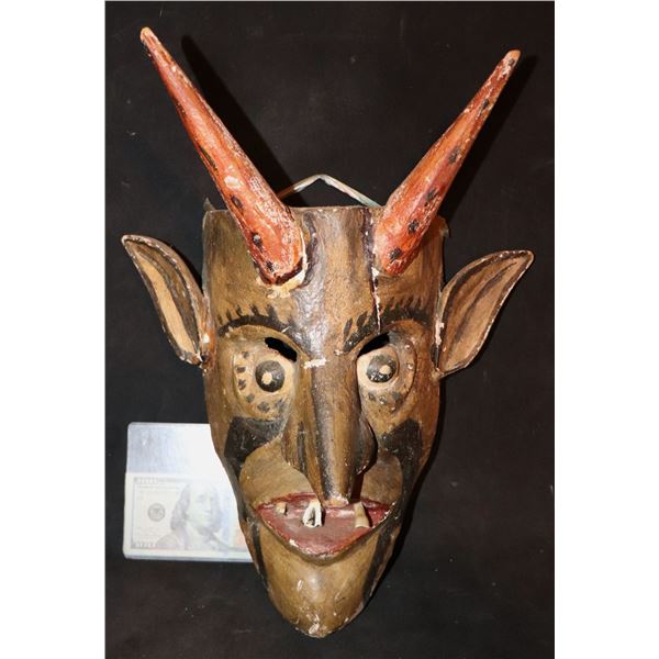VINTAGE HAND CARVED WOOD MEXICAN DEMON MASK