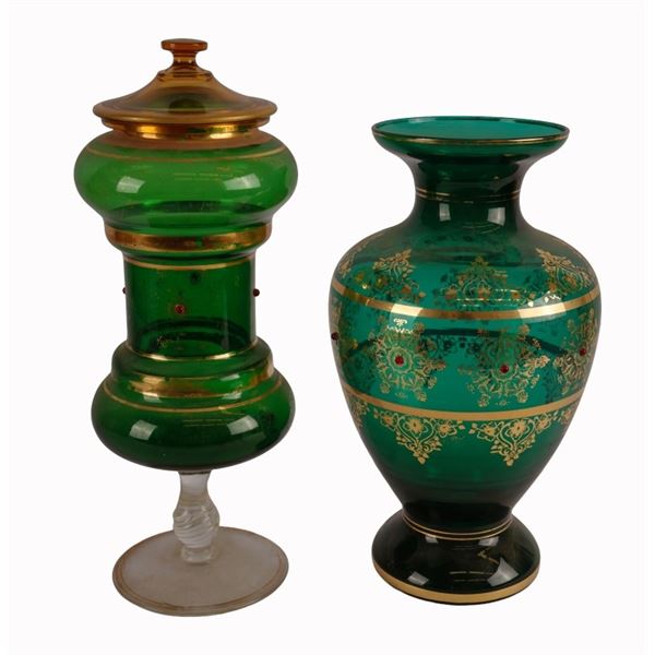 Venetian Emerald Art Glass Vessel Pairing