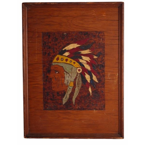 Native American Pyrography Wood Panel Portrait