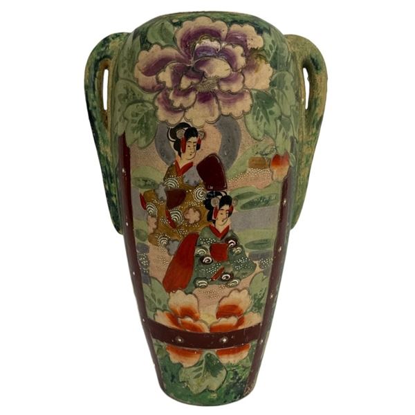 Japanese Bijin & Peony Earthenware Vase