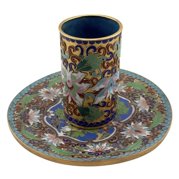 Chinese Cloisonne Brush Holder & Saucer