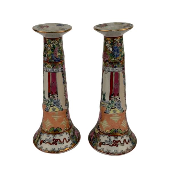 Pair of Chinese Rose Medallion Candlesticks