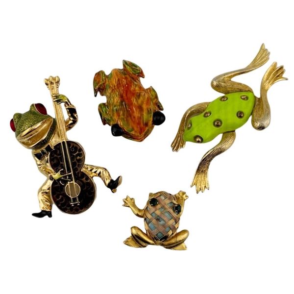 Figural Frog Gold Tone Enamel Brooch Lot