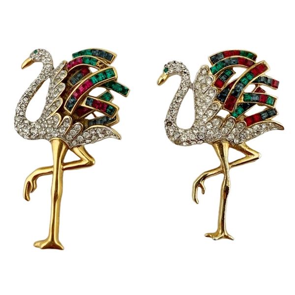 Figural Flamingo Gold Tone Rhinestone Brooch Pair