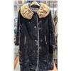 Image 1 : Black Fur Coat with Beige Collar and Button Closures, Size ~Medium/Large