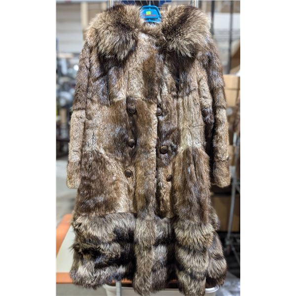 Long Fur Coat With Hood, Blue Lining, And Detachable Bottom
