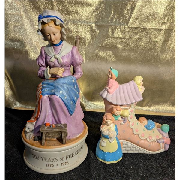 Two Vintage Music Box Figures: 1776-1976 and Old Woman in a Shoe