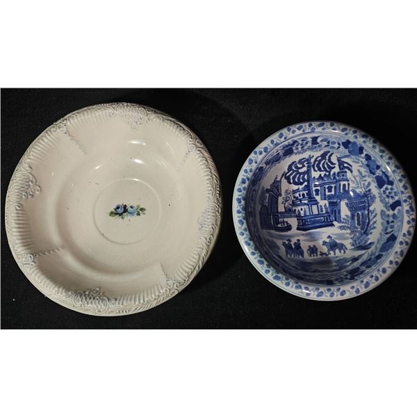 Two Porcelain Bowls: Floral Border and Blue Willow Pattern