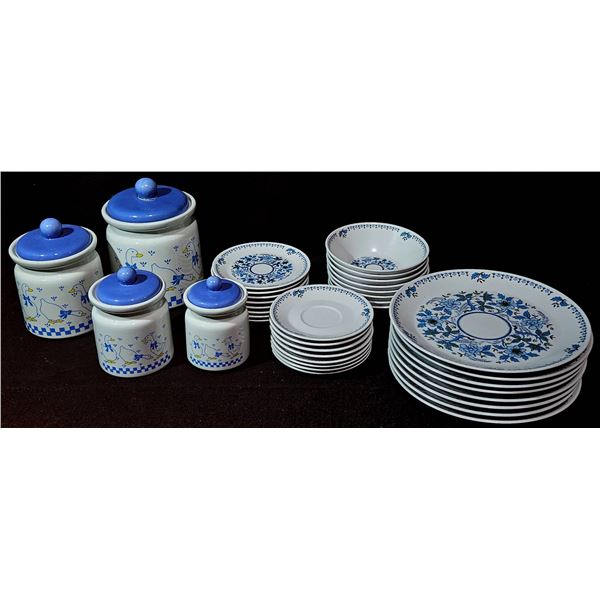 Complete Blue Floral and Goose Ceramic Dinnerware and Canister Set