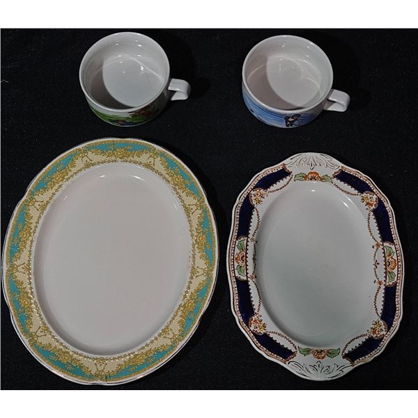 Two Oval Platers and Two Themed Mugs, Various Makers