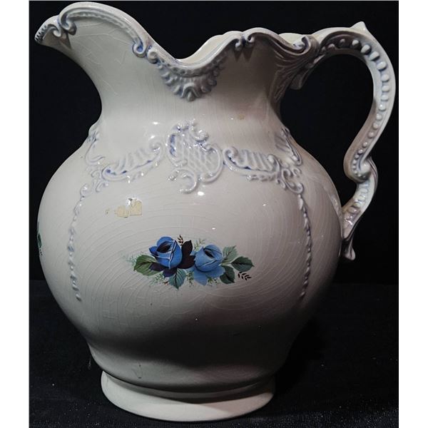Decorative Ceramic Pitcher With Hand-Painted Blue Rose Detail, 10 x 8 Inches