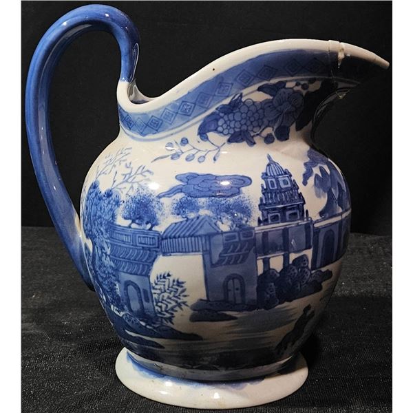 Blue and White Ceramic Pitcher, 10 Inches Tall, 8 Inches Wide