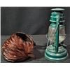 Image 2 : Green Metal Hurricane Lantern and Feathered Hat with Brown Plumage