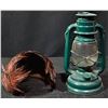 Image 3 : Green Metal Hurricane Lantern and Feathered Hat with Brown Plumage