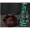 Image 4 : Green Metal Hurricane Lantern and Feathered Hat with Brown Plumage