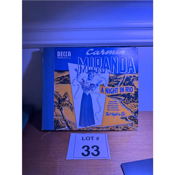 DECCA RECORD ALBUM BOOKLET CARDBOARD COVER CARMEN MIRANDA A NIGHT IN RIO ALBUM NO. 210 1940S