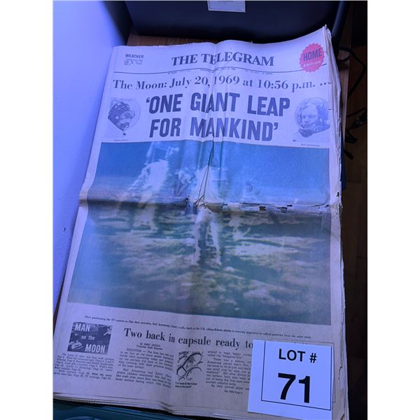 THE TELEGRAM NEWSPAPER PAPER FRONT PAGE 'ONE GIANT LEAP FOR MANKIND' HEADLINE JULY 21 1969