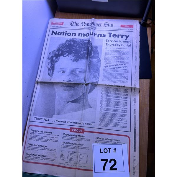 THE VANCOUVER SUN NEWSPAPER PAPER "NATION MOURNS TERRY" FRONT PAGE JUNE 29 1981