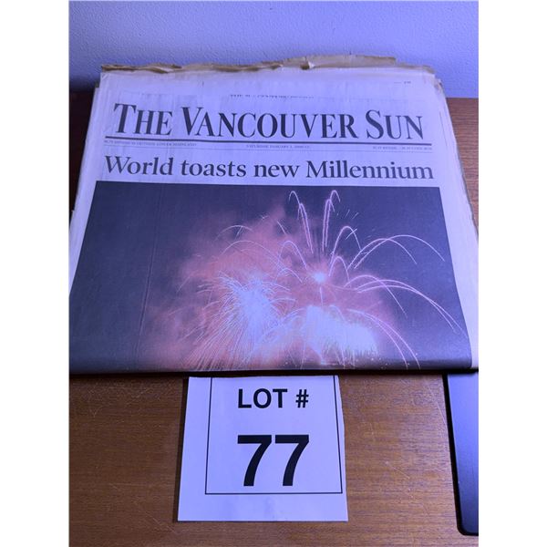 THE VANCOUVER SUN NEWSPAPER PRINT EDITION WORLD TOASTS NEW MILLENNIUM HEADLINE JANUARY 1 2000