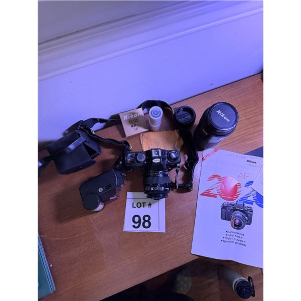 NIKON 2020 AF FILM SLR CAMERA KIT BLACK BODY WITH LENSES AND FLASH 1980S