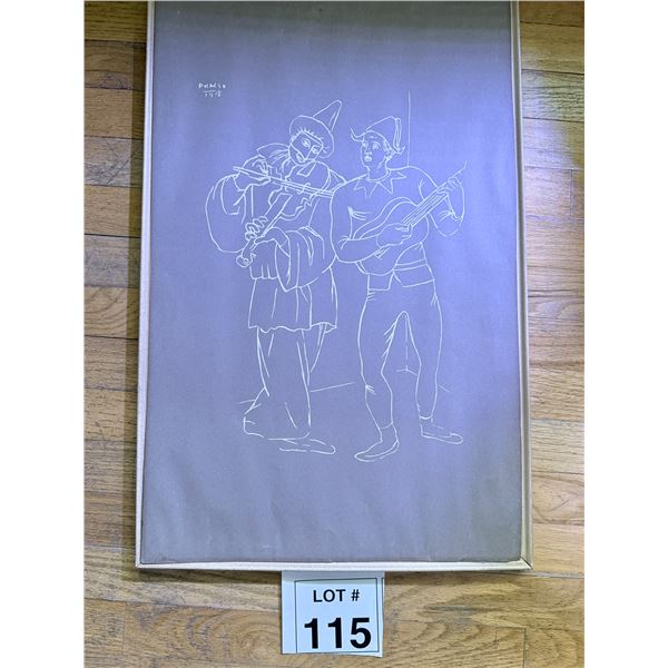 PICASSO FRAMED ART PRINT GRAY PAPER WHITE LINE MUSICIANS FIGURE DESIGN 1918