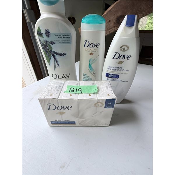 DOVE & OLAY BATH AND BODY TOILETRY LOT PLASTIC BOTTLES AND SOAP BAR PACK BRAND NEW
