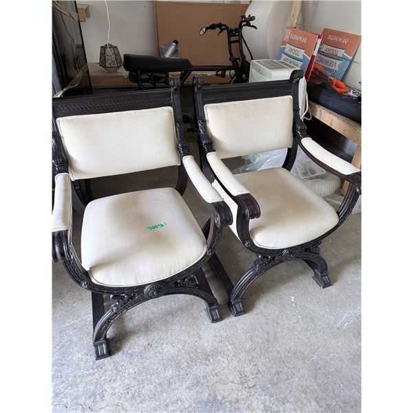 RENAISSANCE REVIVAL  ARMCHAIRS  CARVED WOOD UPHOLSTERED SEAT AND BACK PAIR