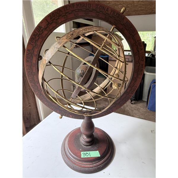 ARMILLARY SPHERE  MAKER METAL AND WOOD CELESTIAL RINGS WITH ZODIAC/TEMPERATURE MERIDIAN SCALE