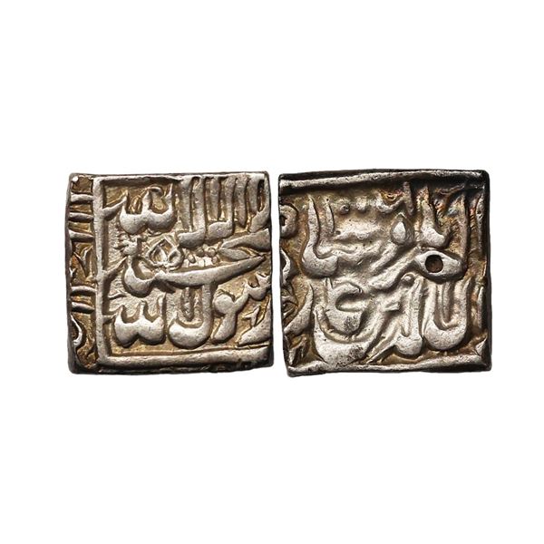 Akbar (1556-1605 AD), silver square rupee, Bang mint, AH 1006, KM A86.1, 11.15g.