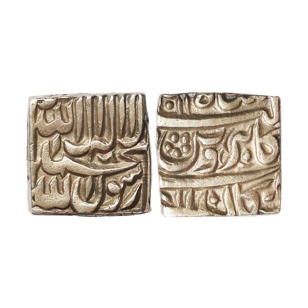 Akbar (AH 963-1014, 1556-1605 AD), Silver Square Rupee, Bangala Mint (visible at bottom on obv), "Ka