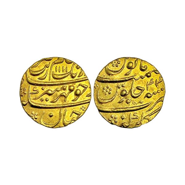 Aurangzeb (AH 1068-1118, 1658-1707 AD) gold mohur, Gulbarga mint, 'Mihr-e-munir' couplet, AH 1111/RY