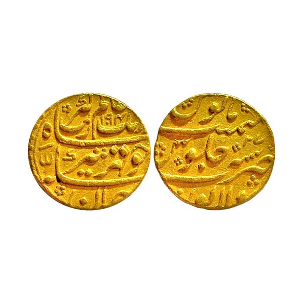 Aurangzeb (AH 1068-1118, 1658-1707 AD) Gold Mohur, Sholapur Mint, AH 1094/RY 27, (KM 315.43). About 