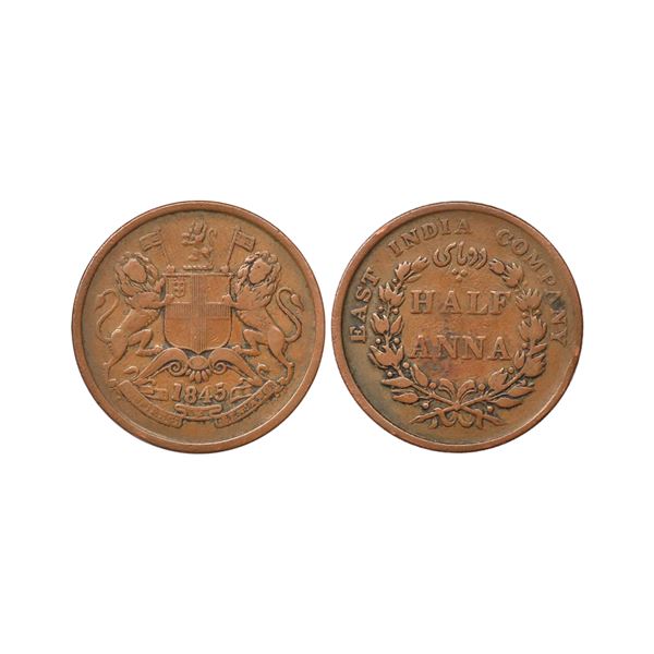 East India Company, Copper Half Anna, 1845, Calcutta Mint