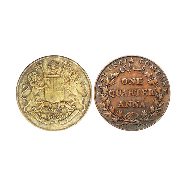 East India Company, Copper 1/4 Anna, 1835, Brocken ' 5 ', Bombay Mint
