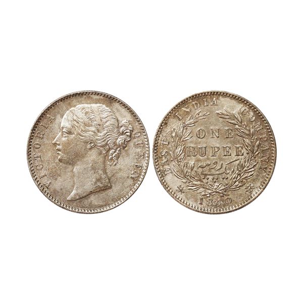 Victoria Queen, Divided legend, 1840, Silver Rupee, Madras mint, WWS, berries are Reengraved,