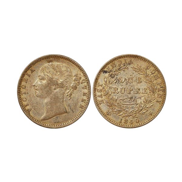 Victoria Queen, Divided legend, 1840, Silver Rupee, Coin has no initials on the Queen's neck, unlist