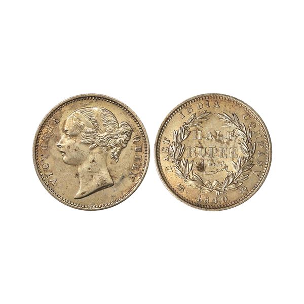 Victoria Queen, DL, Silver 1/2 Rupee, 1840, Calcutta/ Bombay Mint