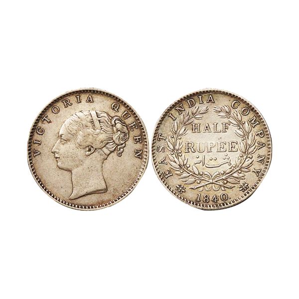 Victoria Queen, CL, Silver 1/2 Rupee, 1840, Bombay/Calcutta Mint