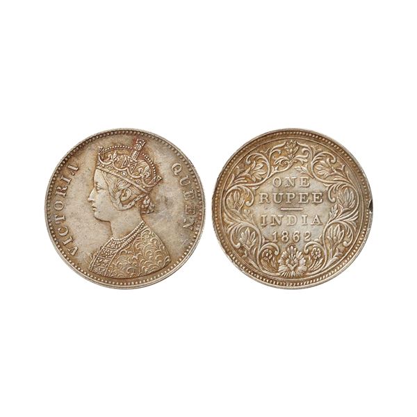 Victoria Queen, Silver Rupee, 1862, Madras Mint, A / II / 0/7 Dots, Die Doubling On Rev