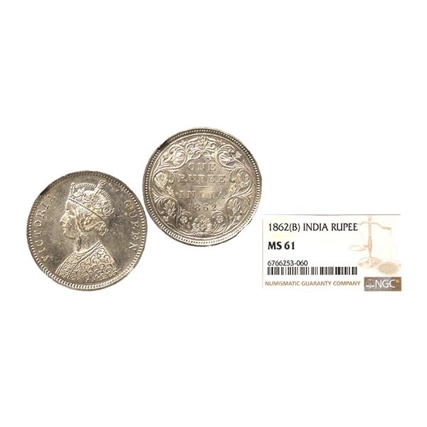 Victoria Queen, 1862, Silver Rupee, A/II, 0/4 dots,Coin features sharp strikes and superb mint bloom