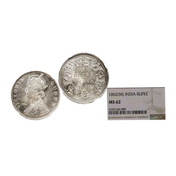 Victoria Queen, 1862, Silver Rupee, Madras Mint, B/II, No Dots, The Specimen Features Flawless Strik