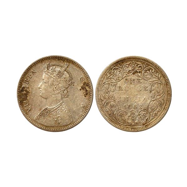 Victoria Queen, Silver Rupee, 1862, A/II, 4/1 dots, Additional Dot Punched On The Tip of the Bottom 