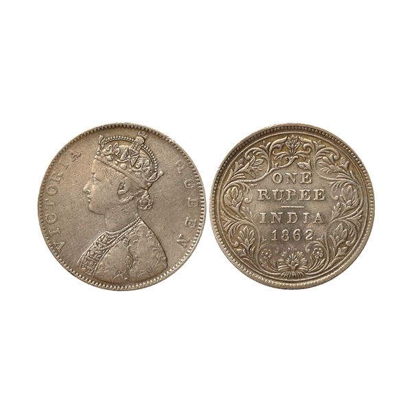 Victoria Queen, Silver Rupee, 1862, Bombay Mint, D/II, The Queens jabot has 5 panels,