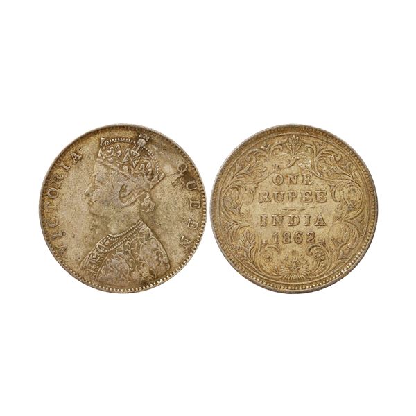 Victoria Queen, 1862, Silver Rupee, Bombay Mint, D/II, The Queens jabot has 5 panels,