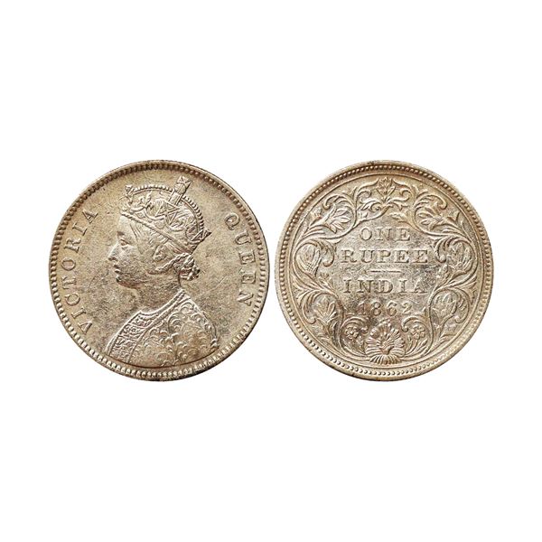 Victoria Queen, 1862, Silver Rupee, A/II, 1/4 DOTS, Top dot on the centre of the top flower,