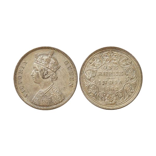 Victoria Queen, 1862, Silver Rupee, A/II, 0/10 dots, High grade