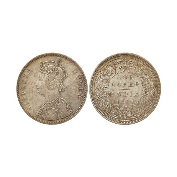 Victoria Queen, 1862, Silver Rupee, A/II, 0/7+1(due to double struck) dots, Reverse double struck