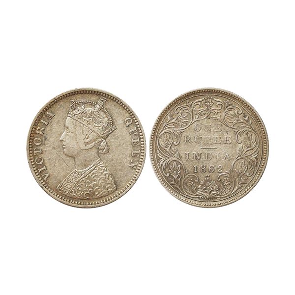 Victoria Queen, 1862, Silver Rupee, C/II, 1/2 dots, struck on the earlier used dies of 0/10 dots