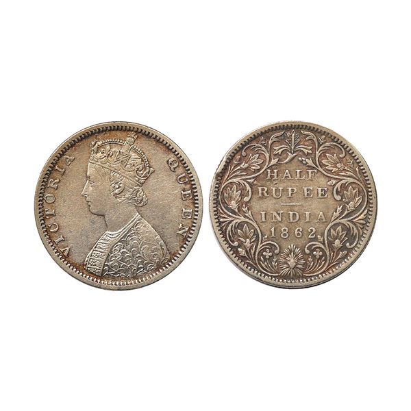 Victoria Queen, Silver 1/2 Rupee, 1862, Bombay Mint