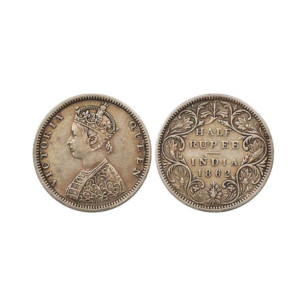 Victoria Queen, Silver 1/2 Rupee, 1862, Bombay Mint